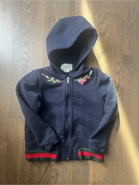 Gucci Navy Toddler Girls' Hooded Zip Sweatshirt with Floral Embroidery